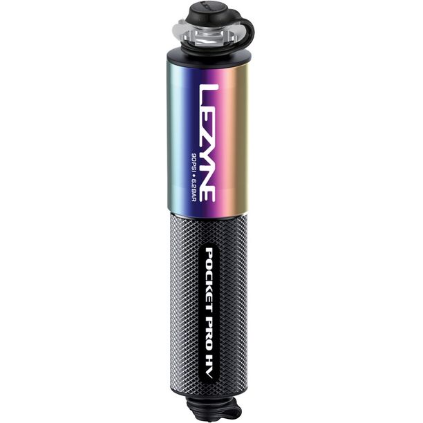 Pompa de mana Lezyne CNC Pocket Drive Pro HV, neo metalizat-negru lucios 90PSI, 14.4cm
